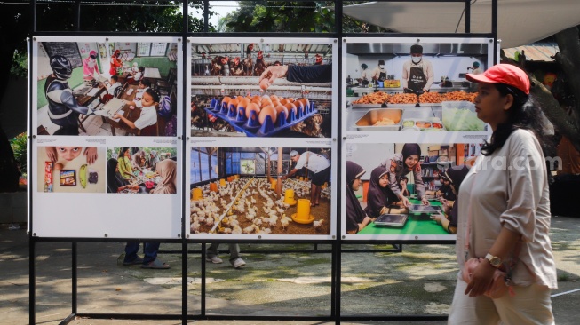 Wisatawan melihat karya foto pada pameran Haluan Merah Putih di Taman Margasatwa Ragunan (TMR) di Jakarta, Kamis (25/12/2025). [Suara.com/Alfian Winanto]
