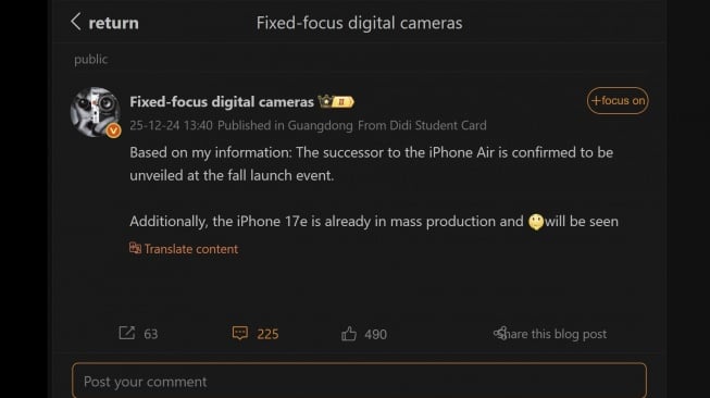 Bocoran iPhone Air 2. [Weibo]