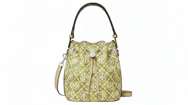 Tory Burch T Monogram Dot Mesh Bucket Bag in Soft Neutral/Honeydew (Brand)