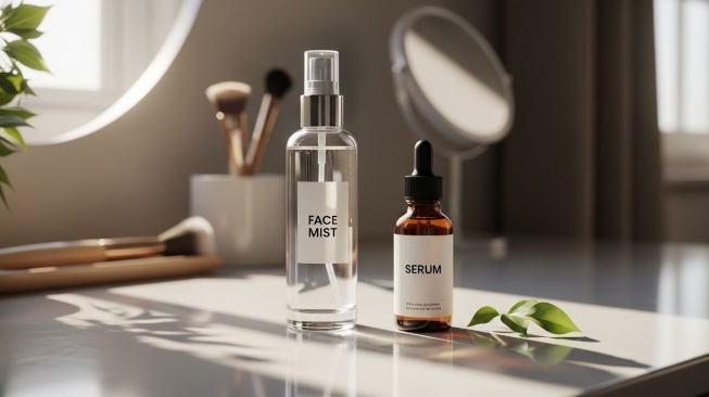 Ilustrasi face mist dan serum. (Google AI Studio)