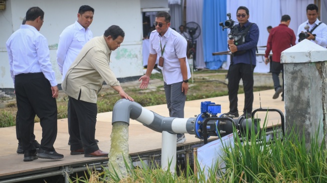 Presiden Prabowo Subianto (ketiga kiri) didampingi Menteri Pertanian Amran Sulaiman (kiri) dan Wamentan Sudaryono (kedua kiri) meninjau sawah dalam acara panen raya dan pengumuman swasembada pangan nasional 2025 di Cilebar, Karawang, Jawa Barat, Rabu (7/1/2026). [ANTARA FOTO/Hafidz Mubarak A/app/foc] 