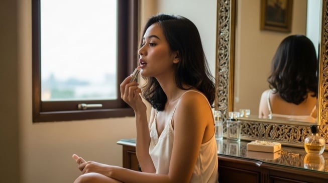 Ilustrasi memakai tinted lip balm sebelum tidur. (Google AI Studio)