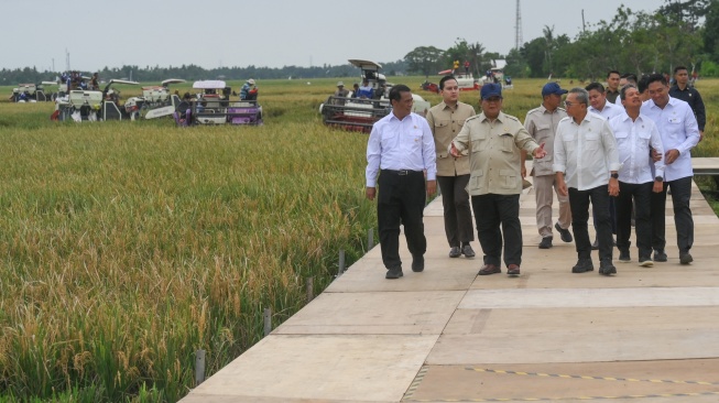 Presiden Prabowo Subianto (ketiga kiri) didampingi Menteri Koordinator Bidang Pangan Zulkifli Hasan (keempat kanan), Menteri Pertanian Amran Sulaiman (kiri), Wamentan Sudaryono (kanan), Menteri Kelautan dan Perikanan Sakti Wahyu Trenggono (kedua kanan), Mensesneg Prasetyo Hadi (keempat kiri), dan Seskab Teddy Indra Wijaya (ketiga kanan) meninjau sawah dalam acara panen raya dan pengumuman swasembada pangan nasional 2025 di Cilebar, Karawang, Jawa Barat, Rabu (7/1/2026). [ANTARA FOTO/Hafidz Mubarak A/app/foc] 