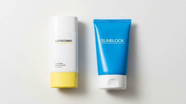 Ilustrasi Sunblock dan Sunscreen. (Google AI Studio)