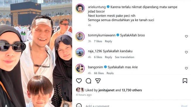 Arie Untung di Instagram memperlihatkan insiden kepalanya bocor saat menjalani ibadah umrah. [Instagram]