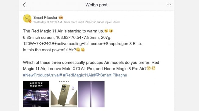 Bocoran Red Magic 11 Air. [Weibo]