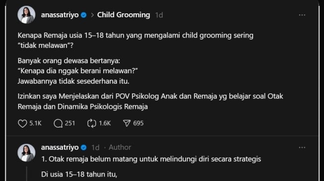 Penjelasan psikolog soal penyebab korban child grooming tak bisa melawan (Threads/@anassatriyo)