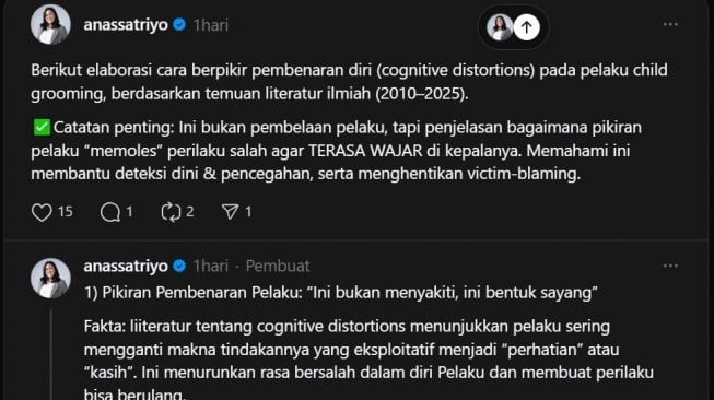 Penjelasan psikolog anak soal pola pikir pelaku child grooming (Threads/@anassatriyo)