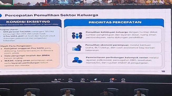 Pemaparan kondisi terkini daerah terdampak bencana di sektor keluarga serta langkah percepatan yang akan diambil, seperti pemberdayaan perempuan di sektor ekonomi serta perlindungan kelompok rentan (Suara.com/CNR ukirsari)