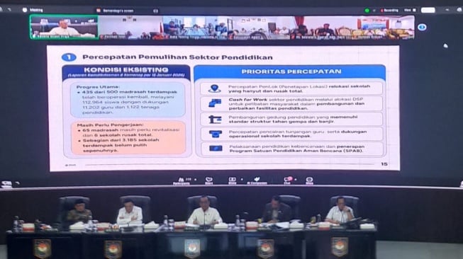 Pemaparan kondisi terkini daerah terdampak bencana di sektor pendidikan serta langkah percepatan yang akan diambil, antara lain jembatan menuju sekolah serta kerusakan sekolah dan madrasah (Suara.com/CNR ukirsari)