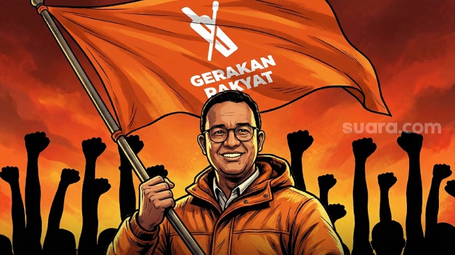 Infografis organisasi masyarakat (Ormas) Gerakan Rakyat resmi bertransformasi menjadi partai politik. Mereka mendukung Anies maju di Pilpres 2029. (Suara.com/Aldie).