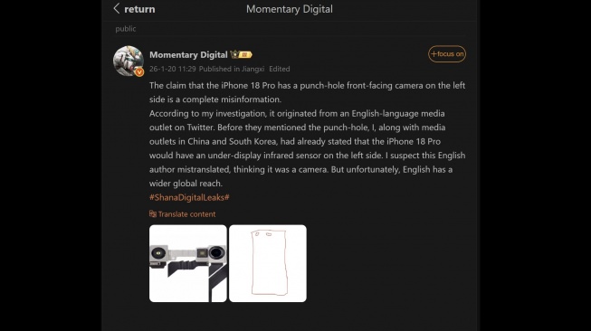 Bocoran desain layar iPhone 18 Pro. [Weibo]