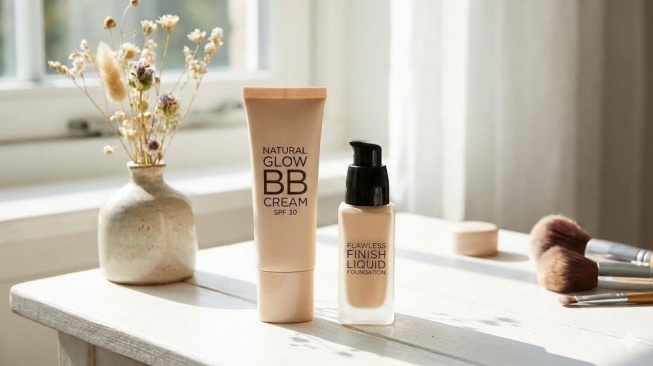 Ilustrasi BB Cream dan foundation. (Gemini AI)