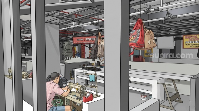 Lapak relokasi penyedia jasa di Pasar Terban, Kamis (22/1/2026). (Suara.com/Hiskia)