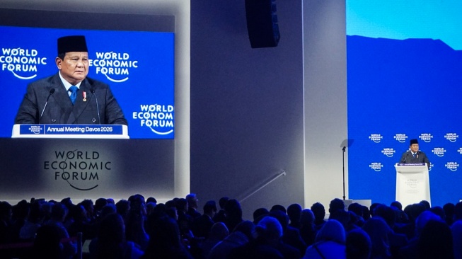 Presiden Prabowo Subianto menyampaikan pidato saat World Economic Forum (WEF) 2026 di Congress Hall, Davos, Swiss, Kamis (22/1/2026). [ANTARA FOTO/Aria Cindyara/bay/tom]