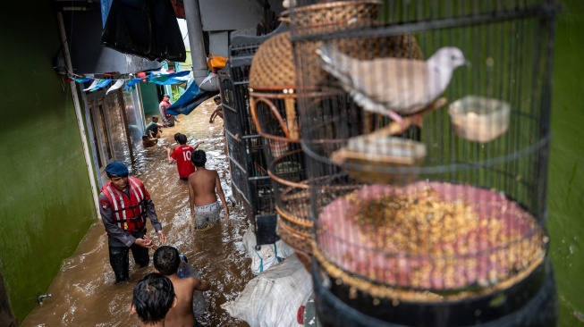 Warga berada di rumah saat banjir merendam perkampungan di Kebon Pala, Jatinegara, Jakarta, Jumat (23/1/2026). [ANTARA FOTO/Bayu Pratama S/foc]

