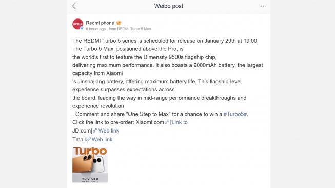 Bocoran Redmi Turbo 5 Max. [Weibo]