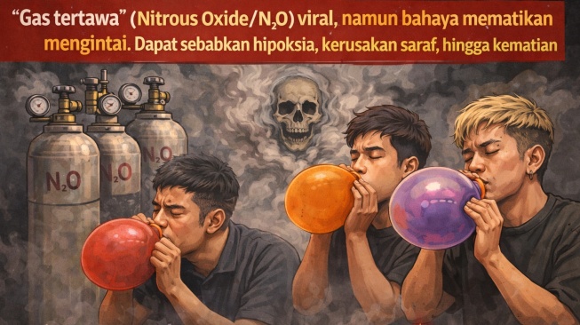 Ilustrasi remaja menghisap "Gas tertawa" (Nitrous Oxide/NO) yang tengar ramai dibicarakan di media sosial. [Suara.com/AI]