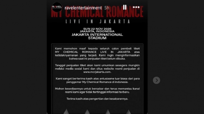 Ravel Entertainment mengumumkan tiket Konser My Chemical Romance yang sedianya dijual Selasa, 27 Januari 2026, batal dilakukan. [Instagram]