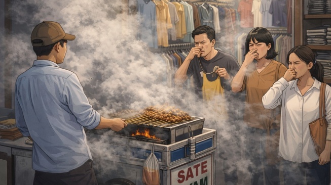 Ilustrasi penjual sate mengganggu penjual baju di Malioboro. [Dok Suara.com/AI]