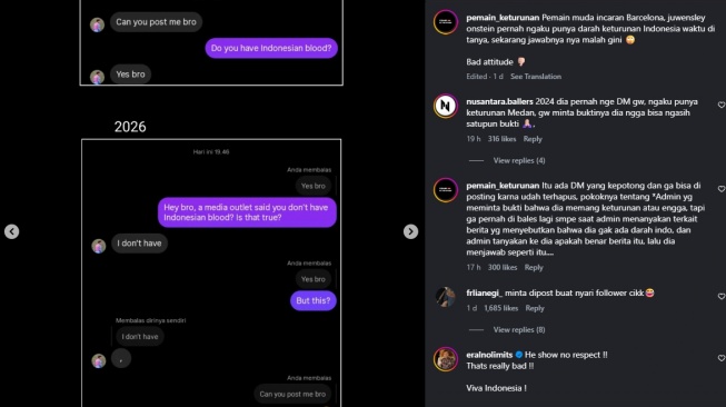 Juwensley Onstein membantah punya darah Indonesia setelah sebelumnya sempat mengakuinya lewat DM Instagram kepada akun pemburu pemain keturunan pada Januari 2025. [Dok/ Tangkapan layar Instagram]