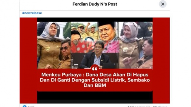 Hoaks Purbaya hapus dana desa diganti dengan subsidi listrik, sembako dan BBM. [Facebook]