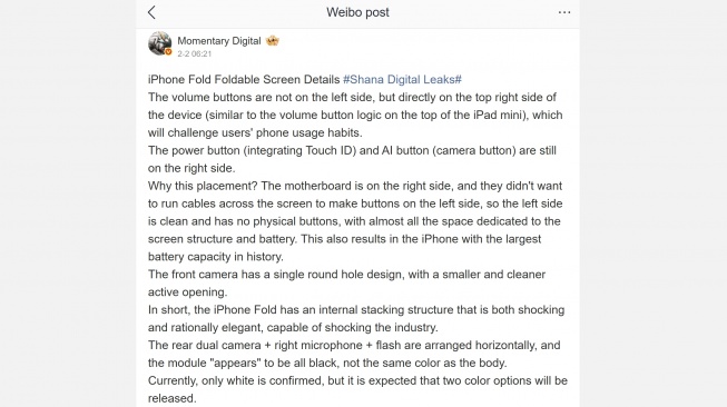 Bocoran desain iPhone Fold. [Weibo]