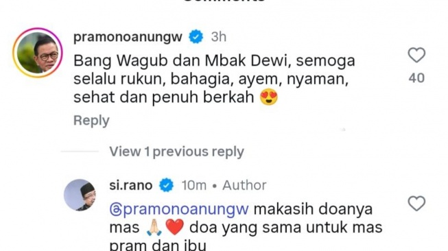 Momen Pramono mendoakan yang terbaik untuk Rano Karno di komen instagram. (tangkap layar).