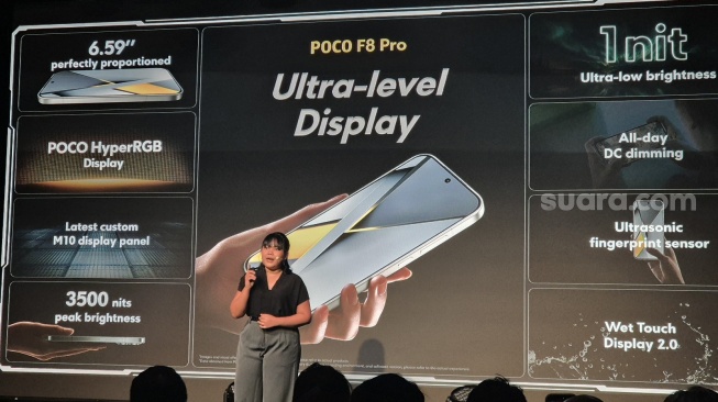 PR Manager POCO Indonesia, Novita Kristutami dalam peluncuran Poco F8 Series di Jakarta, Rabu (4/2/2026). [Suara.com/Dythia]