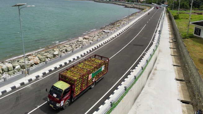 Foto udara sejumlah kendaraan melintas di elevated road yang baru dibuka untuk umum di Palu, Sulawesi Tengah, Jumat (13/2/2026). [ANTARA FOTO/Basri Marzuki/wsj]