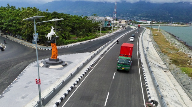 Foto udara sejumlah kendaraan melintas di elevated road yang baru dibuka untuk umum di Palu, Sulawesi Tengah, Jumat (13/2/2026). [ANTARA FOTO/Basri Marzuki/wsj]