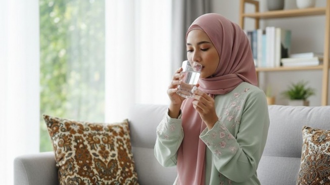 Ilustrasi perempuan minum obat penunda haid. (Gemini AI)