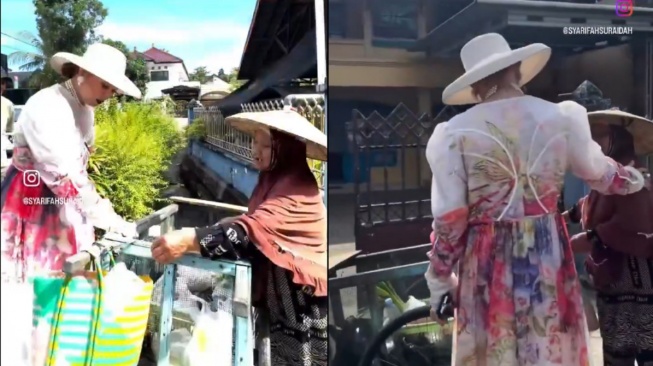Penampilan istri Gubernur Kaltim saat berbagi ke pedagang sayur keliling (Instagram/syarifahsuraidah)