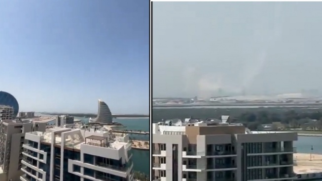 Kepulan asap akibat rudal Iran di Abu Dhabi, Uni Emirat Arab pada Sabtu (28/2/2026). Pemerintah Uni Emirat Arab mengatakan satu orang tewas akibat serangan Iran itu. [X/Thomas Keith]