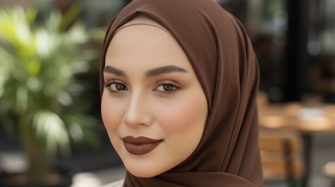 Ilustrasi warna lipstik coklat yang cocok dengan hijab earth tone [Gemini]