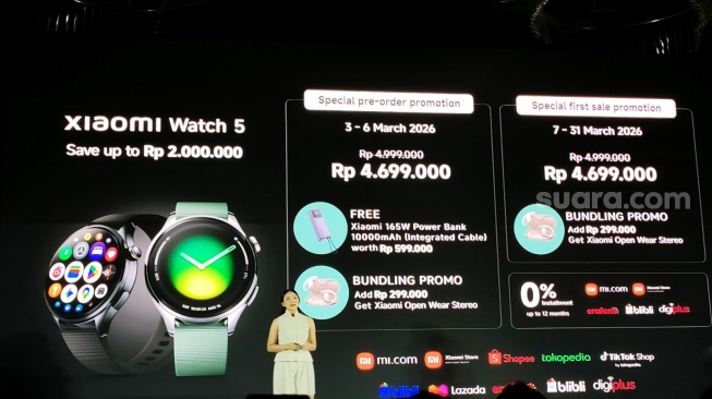 Xiaomi Watch 5, peluncuran serangkaian AIoT Xiaomi di Jakarta, Selasa (3/3/2026). [Suara.com/Dythia]