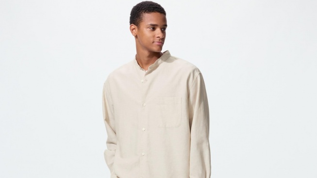 Kemeja Katun Linen Kerah Tegak Lengan Panjang Polos UNIQLO (Uniqlo)