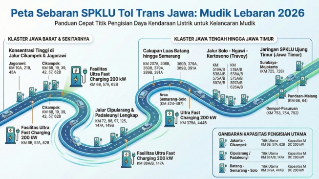 Peta Lokasi SPKLU sepanjang Tol Trans Jawa pada Lebaran 2026 (Gemini AI)