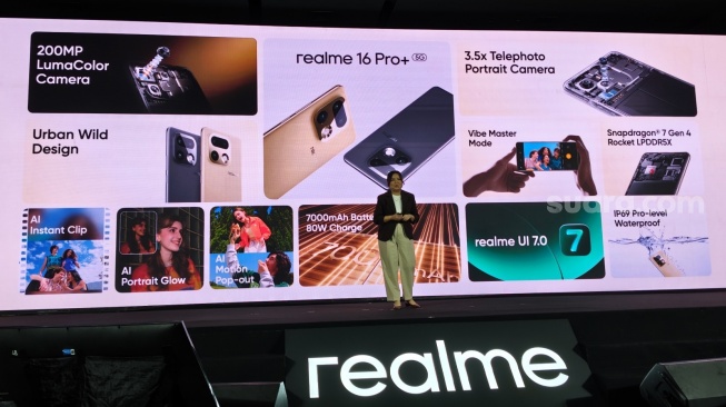 Peluncuran realme 16 Pro+ 5G di Jakarta, Selasa (10/3/2026). [Suara.com/Dythia]