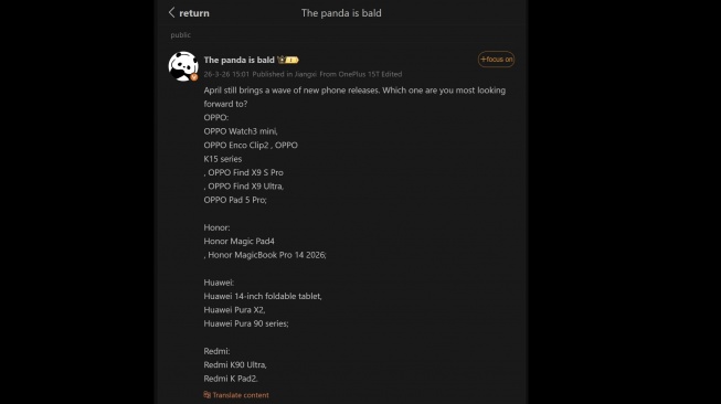 Daftar gadget siap dirilis April 2026. [Weibo]