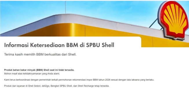Laman resmi Shell menampilkan stok BBM kosong (Shell Indonesia)