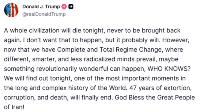 Presiden Amerika Serikat Donald Trump kembali melontarkan ancaman keras kepada Iran di tengah meningkatnya ketegangan geopolitik. [Tangkap layar X]
