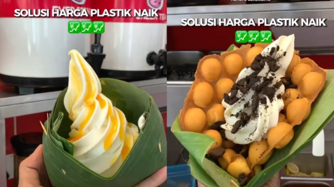 Viral Toko Es Krim Pakai Daun Pisang Akibat Harga Plastik Melonjak, Hasilnya Lebih Estetik