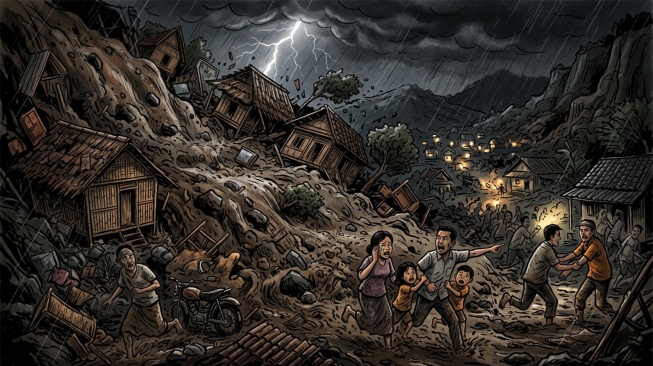 Ilustrasi bencana longsor menimpa rumah warga. [Gemini AI]