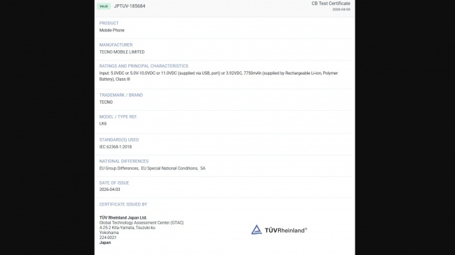 Sertifikasi TUV Tecno Pova 8. [Xpertpick]