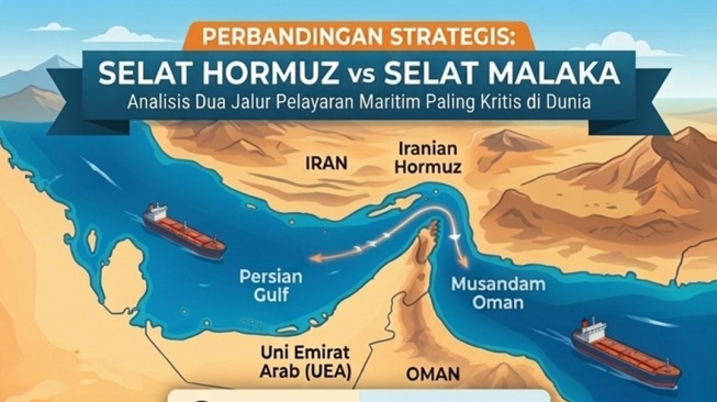 Secara geopolitik, Selat Malaka jauh lebih strategis dari Selat Hormuz. Komoditas perdagangan yang melintasi Selat Malaka juga lebih banyak dan lebih penting ketimbang Hormuz. [Suara.com/Gemini/Syahda]