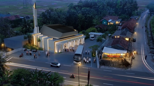 Desain masjid yang dibangun bos rokok HS, Muhammad Suryo di lokasi kecelakaan maut sang istri. (Ist)