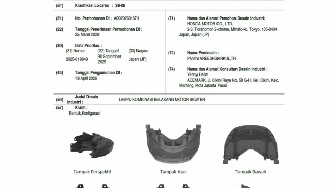 Desain paten desain lampu yang diduga merupakan motor listrik Honda UC3 (DJKI)