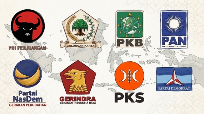 Ilustrasi logo 8 partai yang ada di parlemen. (Suara.com/Syahda)
