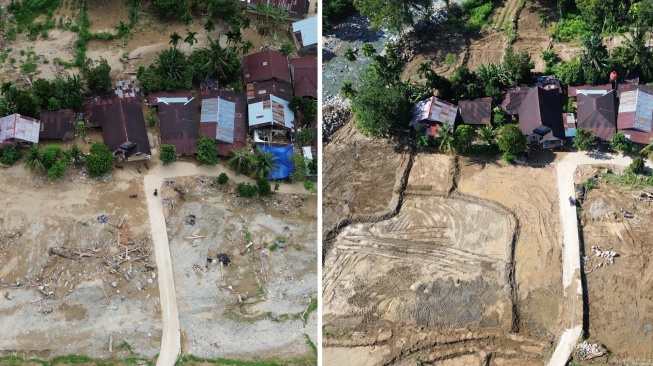 Foto udara kondisi lahan sawah yang rusak pascabencana pada Selasa (30/12/2025) (kiri) dan saat diperbaiki (kanan) di Kuranji, Padang, Sumatera Barat, Senin (27/4/2026). [ANTARA FOTO/Fitra Yogi/YU]